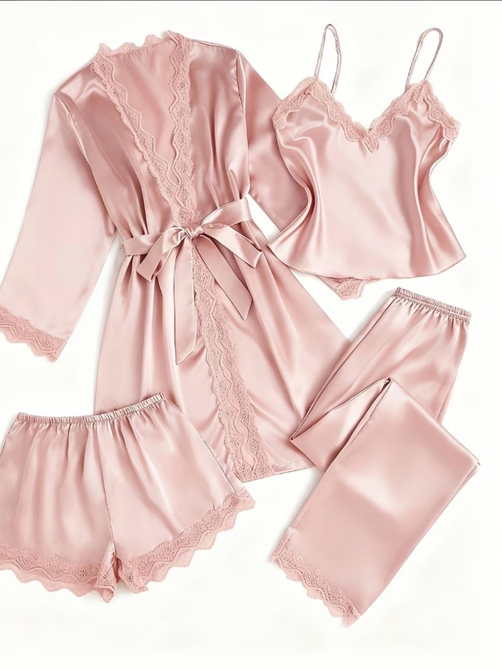 4-Piece Satin Lace Pajama Set - Blush Pink